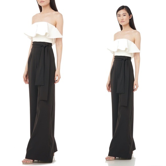 NEW LOVE BY THEIA Black & White STRAPLESS Tie Waist RUFFLE Cocktail JUMPSUIT 12 - Picture 3 of 16